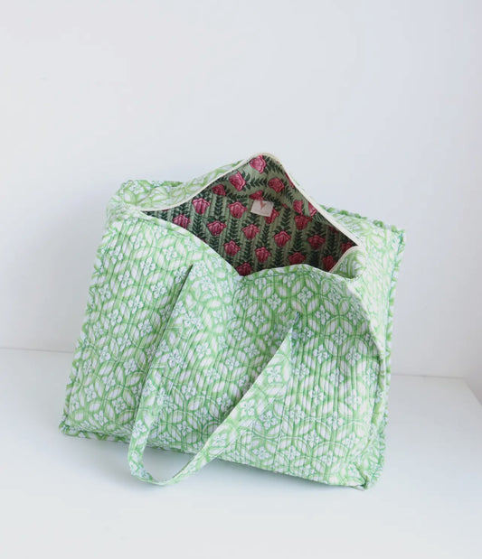 FLORAL QUILTED TOTE XL- GREEN