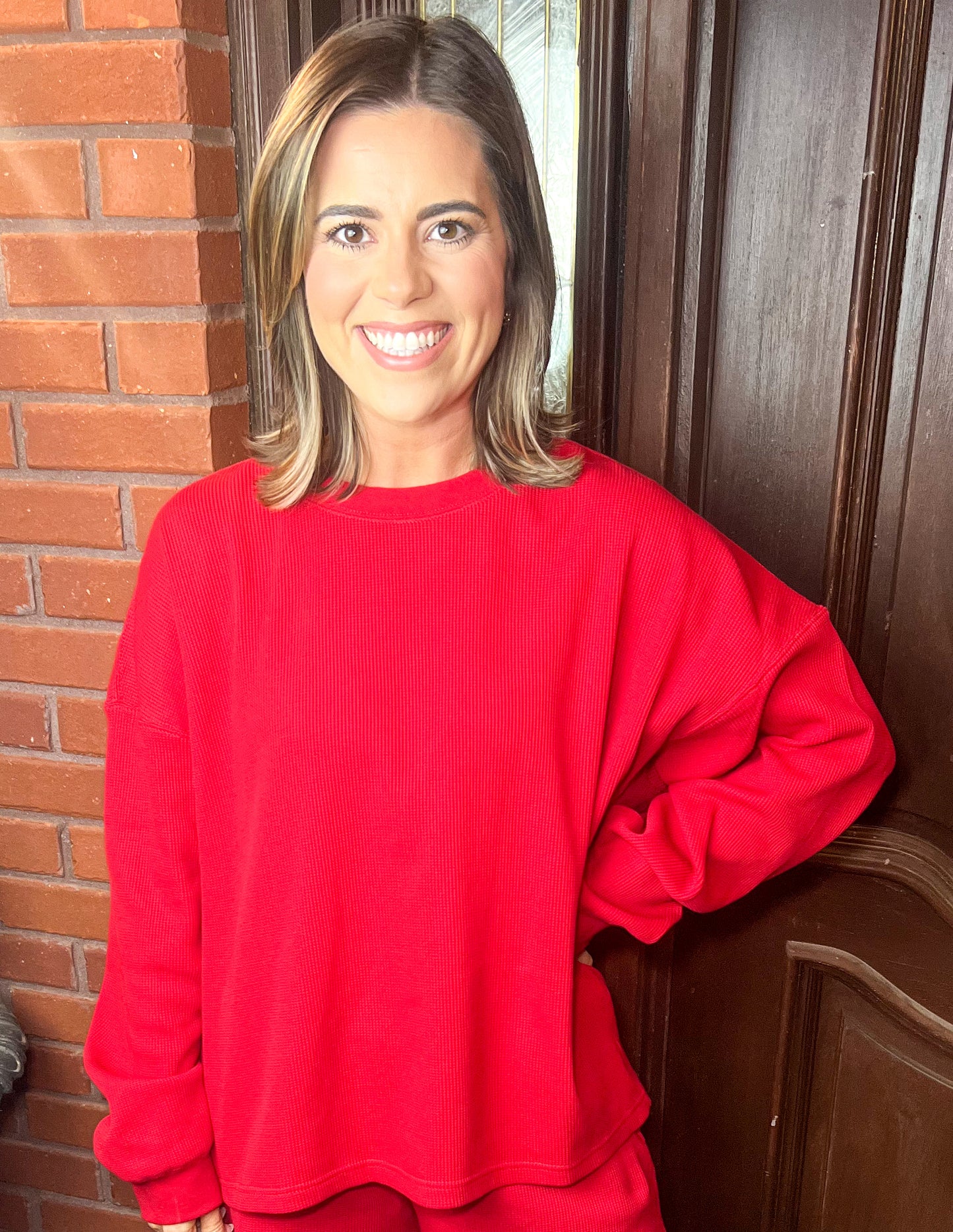 Lulu Mac Waffle Long Sleeve Top-Red