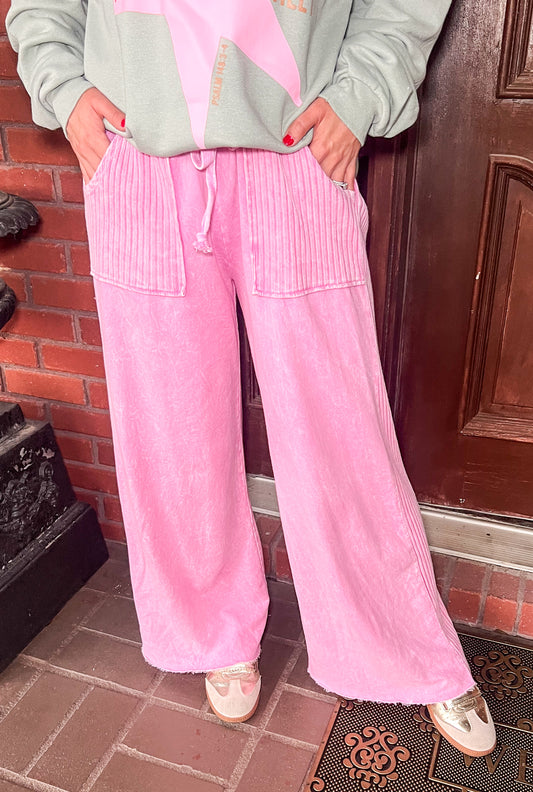 Mineral Wash Wide Leg Pants- Bubble Gum Pink