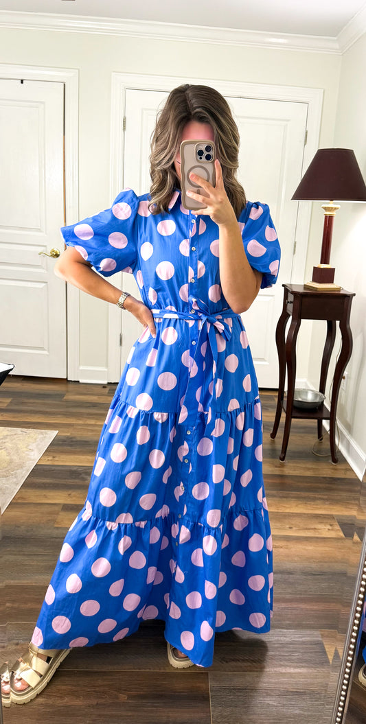 Polka Dot Maxi Dress- Blue/Pink