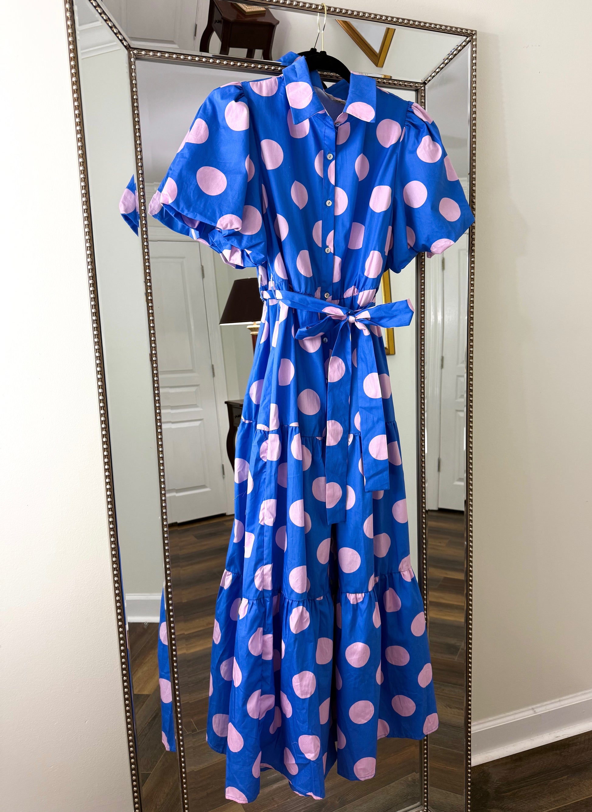 Polka Dot Maxi Dress- Blue/Pink  Frisco Fringe