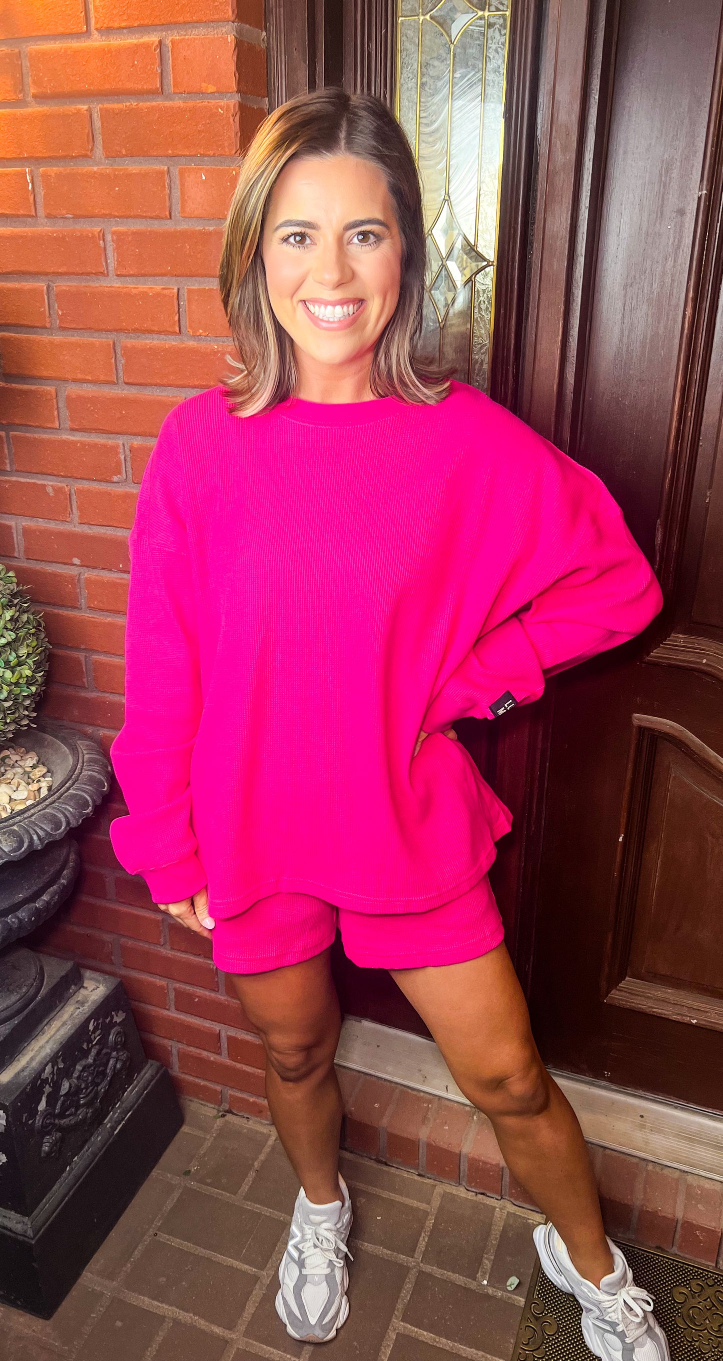 Lulu Mac Waffle Long Sleeve Top-Hot Pink