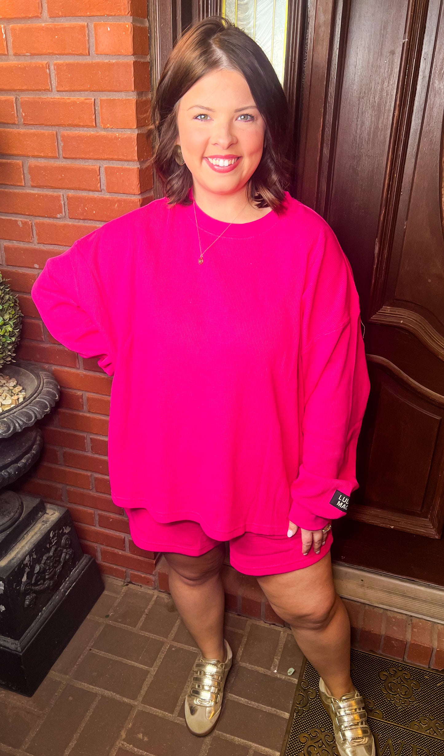 Lulu Mac Waffle Long Sleeve Top-Hot Pink